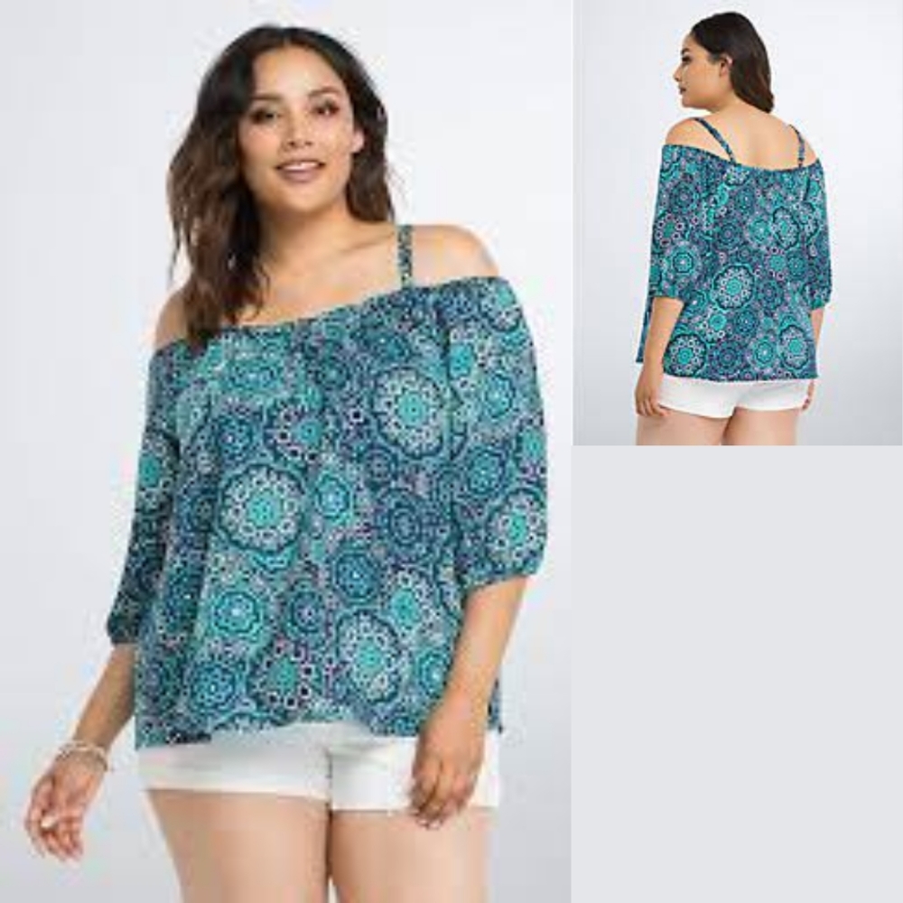 Torrid 2x Cold Shoulder blouse-Turquoise Medallion Print